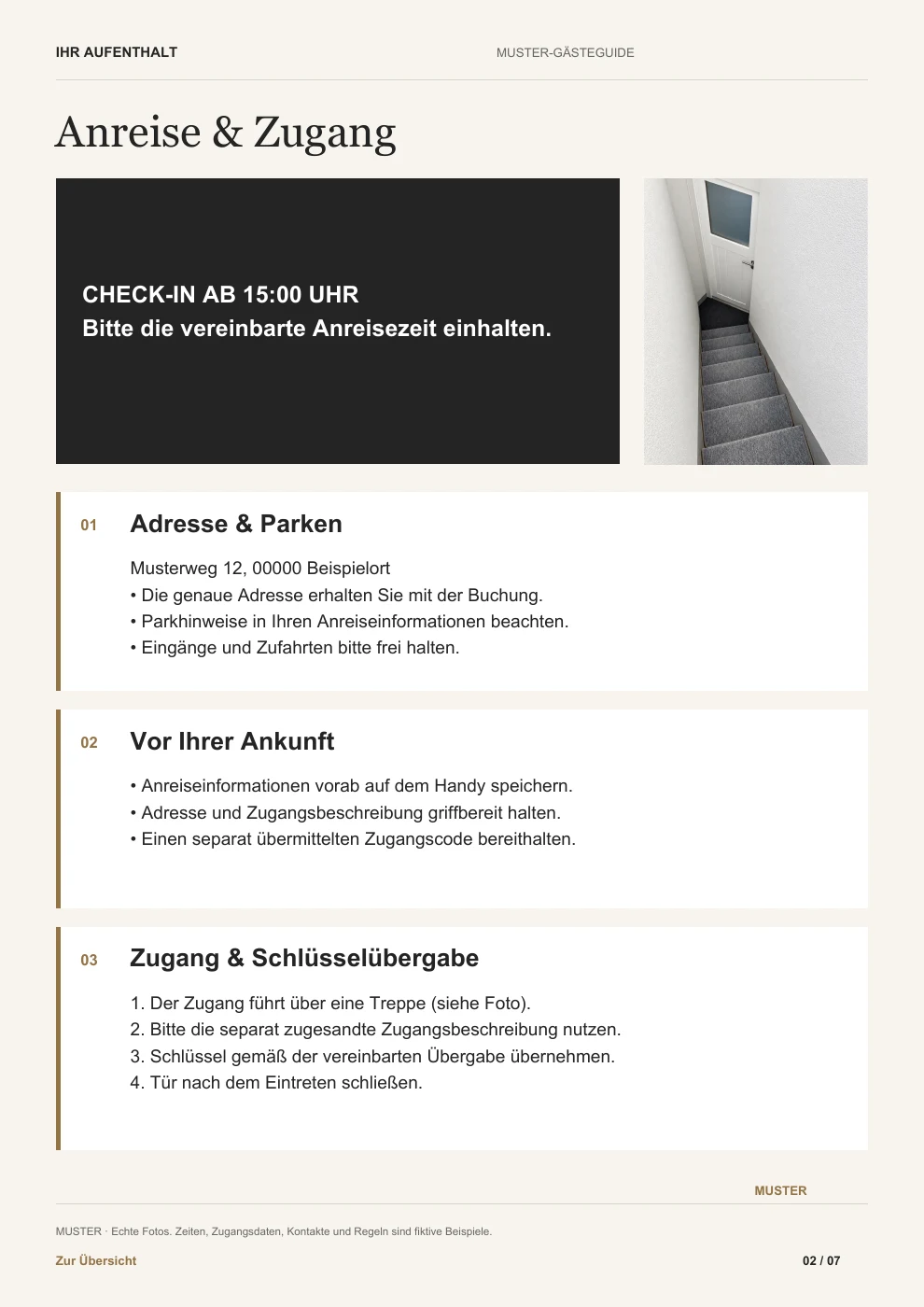 Muster-Guide, Seite 2: Anreise. Vollständiger Inhalt im verlinkten PDF.